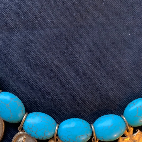 Turquoise and Gold Religious Medal Charm Necklace - Picture 3 of 11
